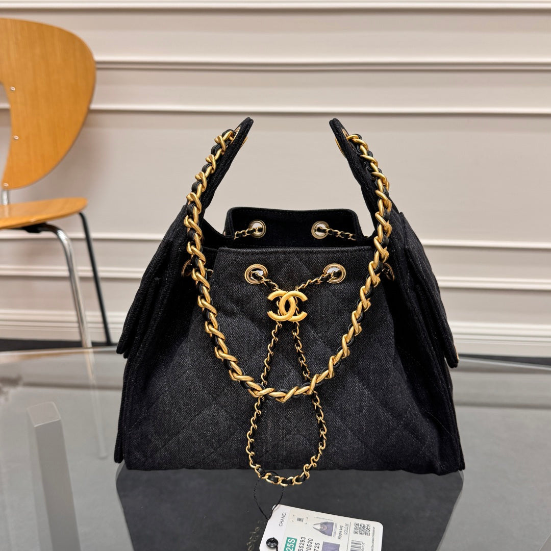 CHANEL 25S HOBO BAG 30 IN BLACK-GRAY DENIM WITH GOLD HARDWARE