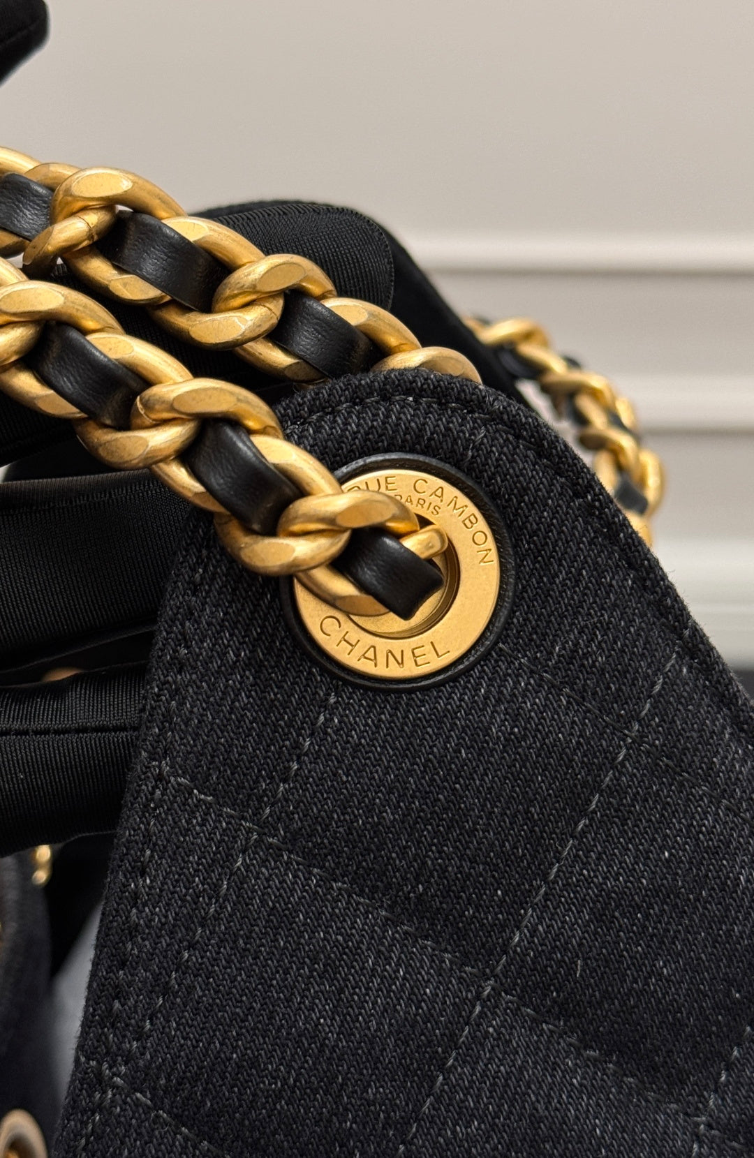 CHANEL 25S HOBO BAG 30 IN BLACK-GRAY DENIM WITH GOLD HARDWARE