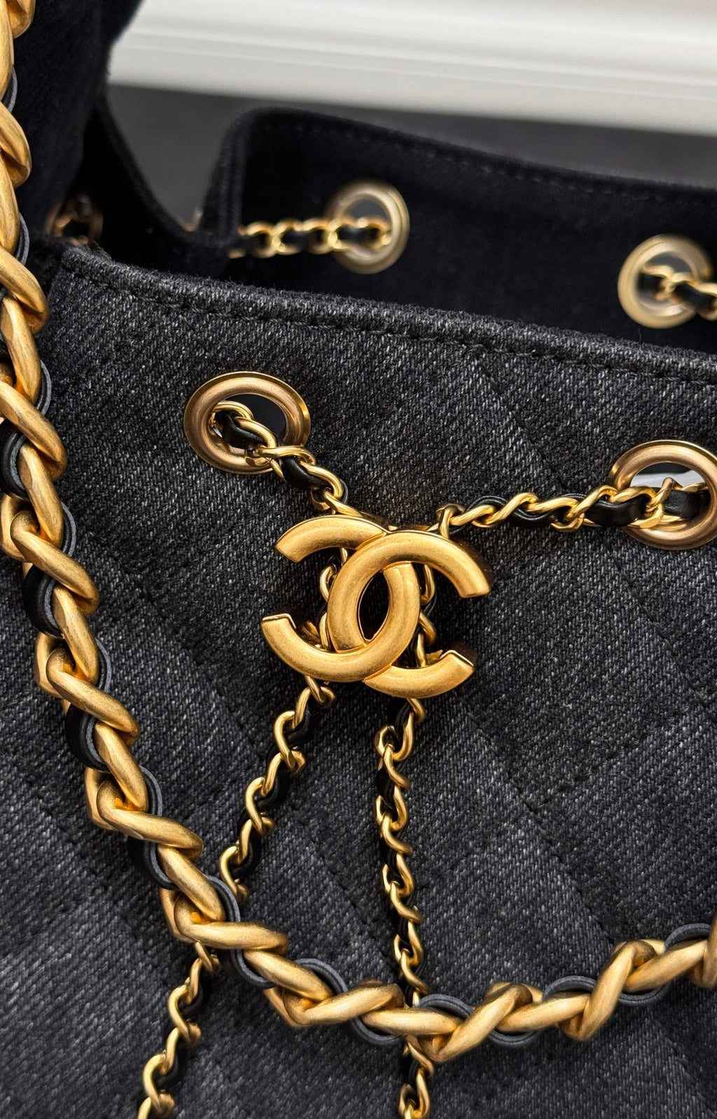 CHANEL 25S HOBO BAG 30 IN BLACK-GRAY DENIM WITH GOLD HARDWARE