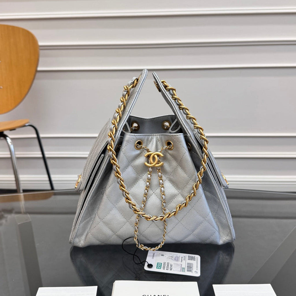 CHANEL 25S HOBO BAG 30 IN SILVER CAVIAR WITH GOLD HARDWARE