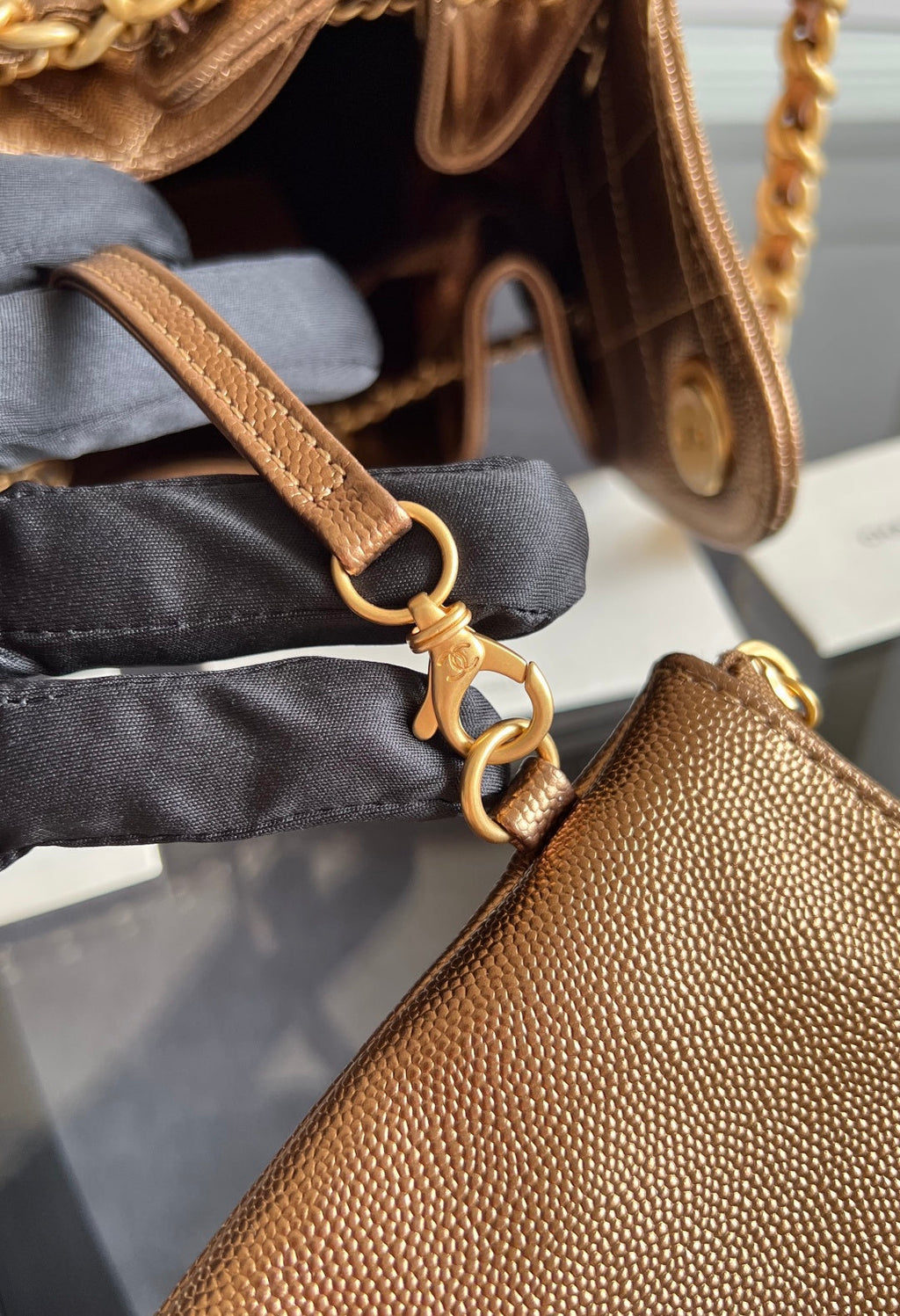 CHANEL 25S HOBO BAG 40 IN METALLIC BROWN CAVIAR WITH GOLD HARDWARE