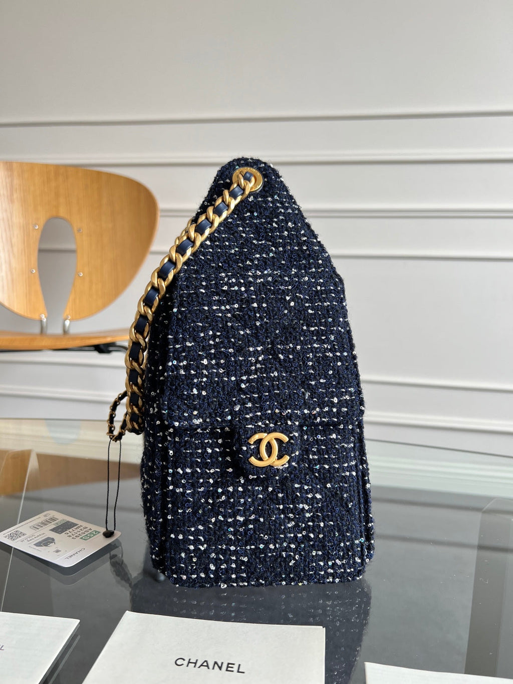 CHANEL 25S HOBO BAG 30 IN NAVY BLUE TWEED WITH GOLD HARDWARE