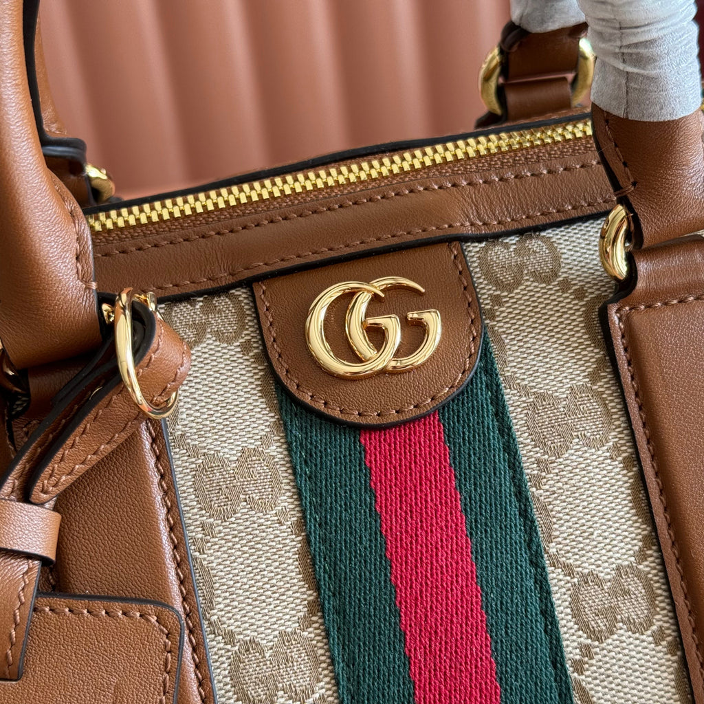 GUCCI 26S OPHIDIA MEDIUM BOSTON BAG 30 IN WARM BEIGE AND BROWN CANVAS