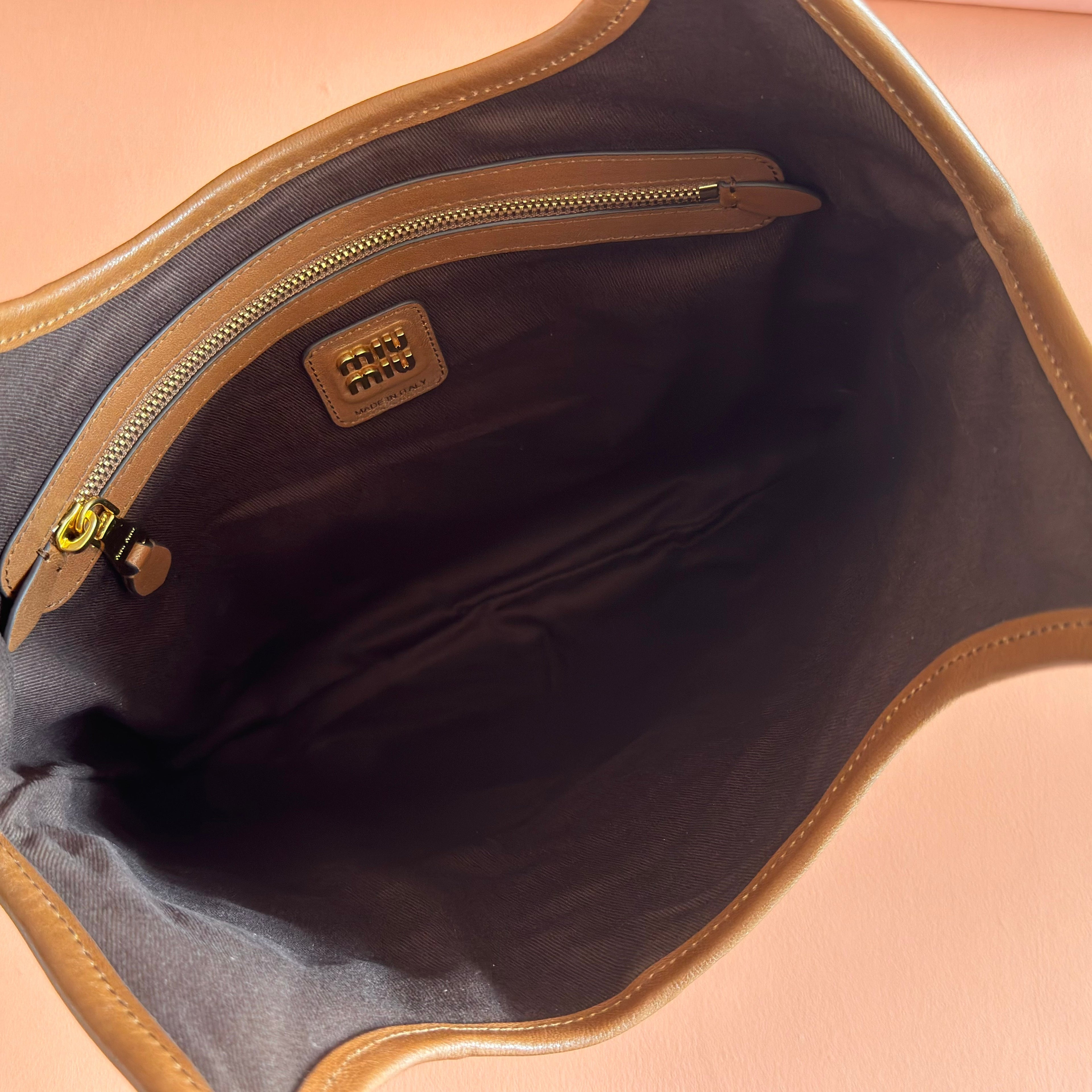 MIUMIU 26S IVY TOTE BAG 60 IN  COGNAC CALFSKIN PATCHWORK GOLD HARDWARE