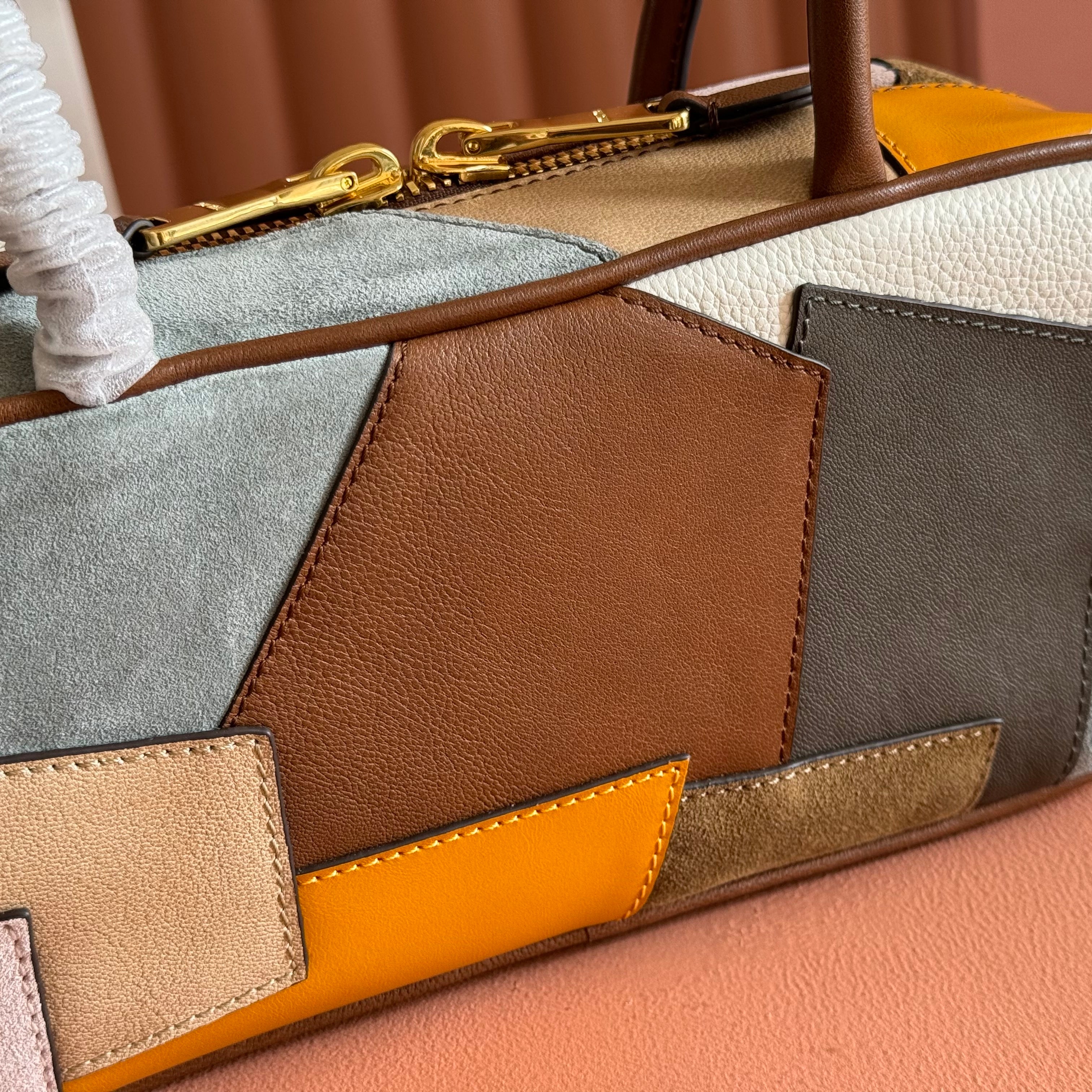 MIUMIU 26S BEAU TOP HANDLE BAG 28 IN COGNAC LEATHER PATCHWORK GOLD HARDWARE
