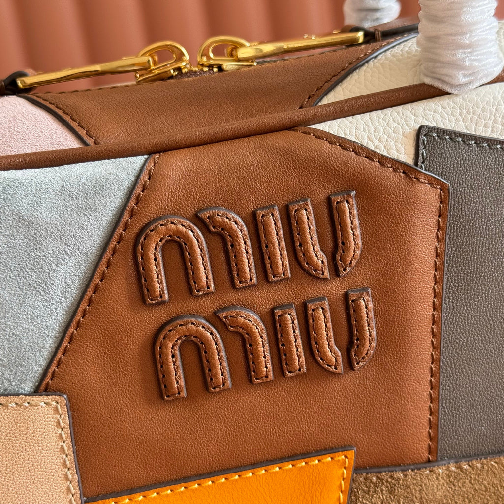 MIUMIU 26S BEAU TOP HANDLE BAG 28 IN COGNAC LEATHER PATCHWORK GOLD HARDWARE