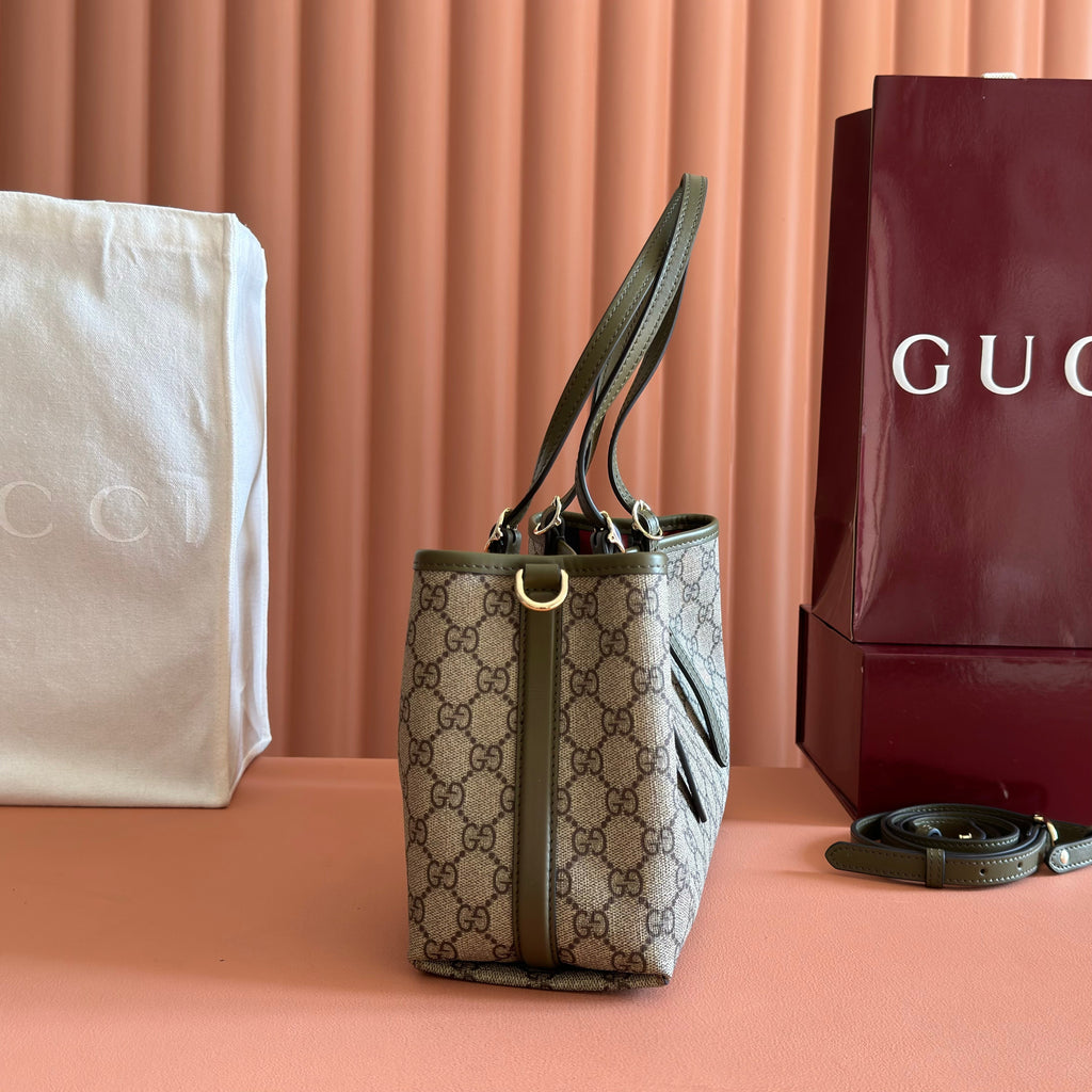 GUCCI 26S TOTE BAG 30 IN DARK BEIGE AND MOSS GREEN CANVAS