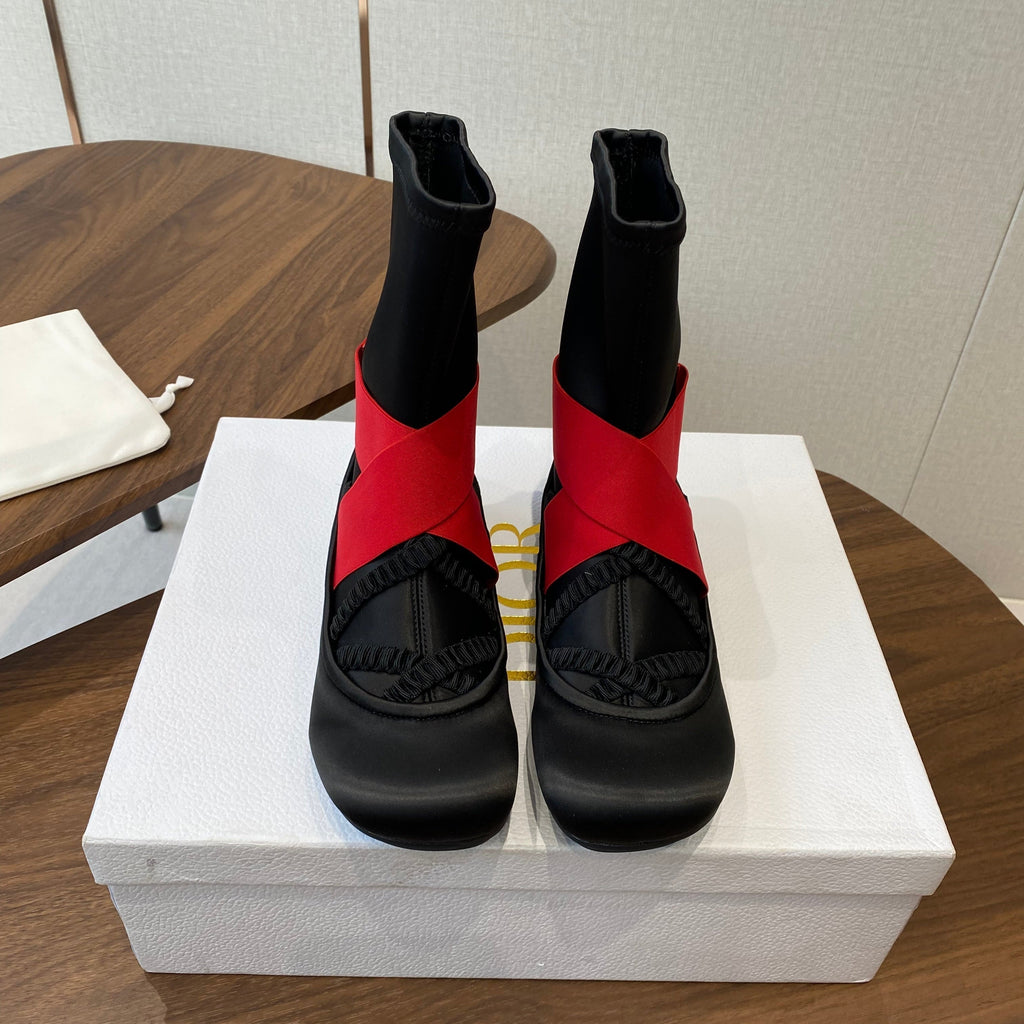 DIOR 25S STRETCH BALLET BOOTS IN BLACK AND RED SATIN