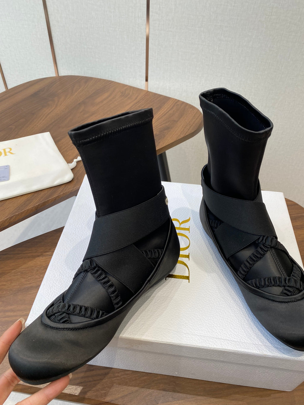 DIOR 25S STRETCH BALLET BOOTS IN BLACK FULL SATIN