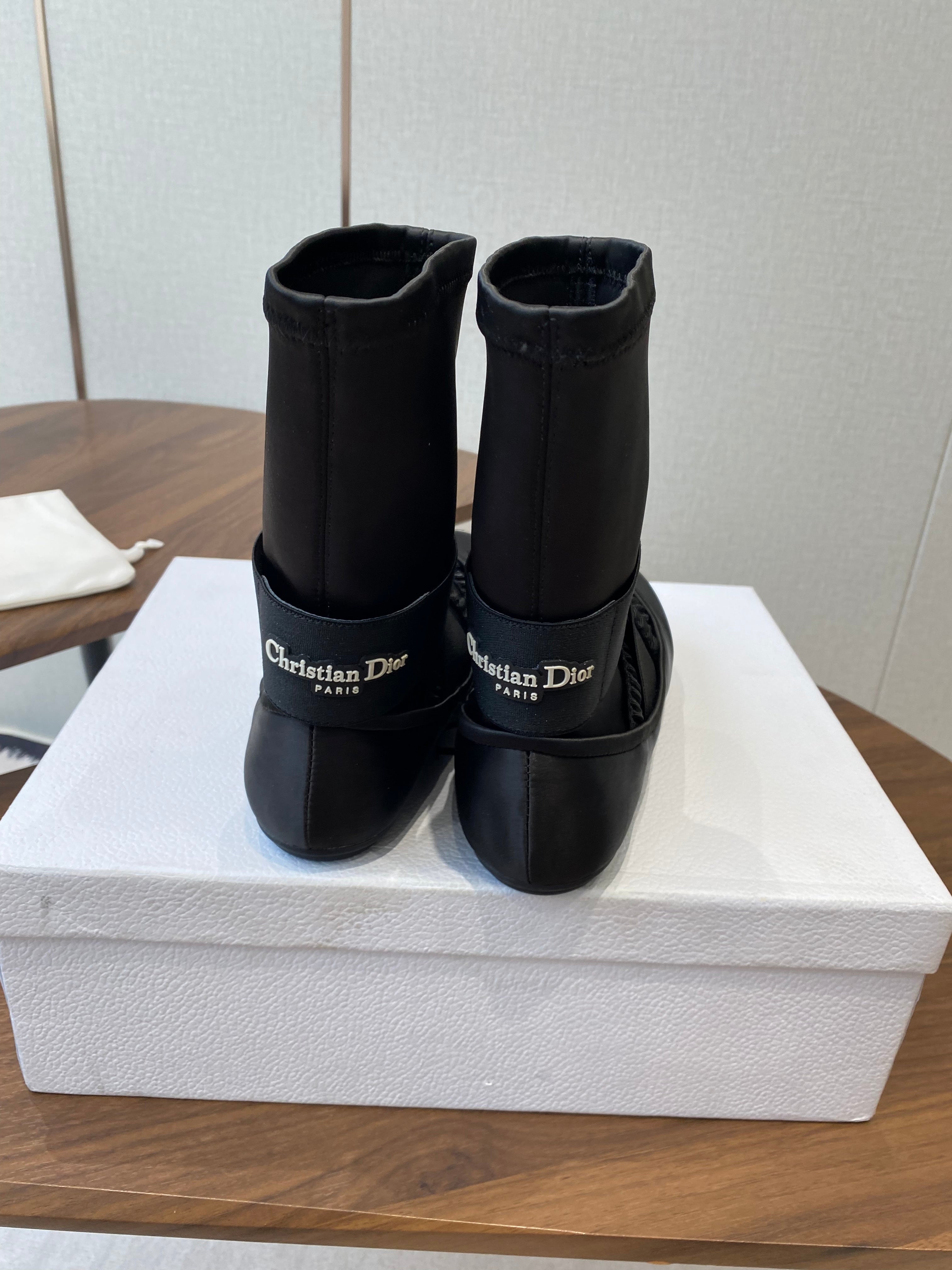 DIOR 25S STRETCH BALLET BOOTS IN BLACK FULL SATIN