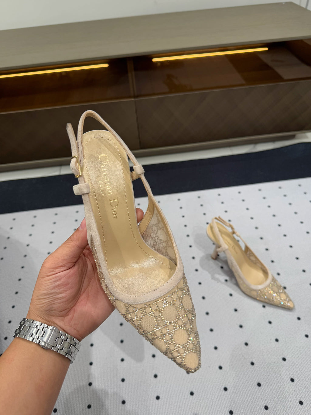 DIOR HIGH HEELS SLINGBACK IN CAMEL BEIGE LAMB SUEDE 10 CM