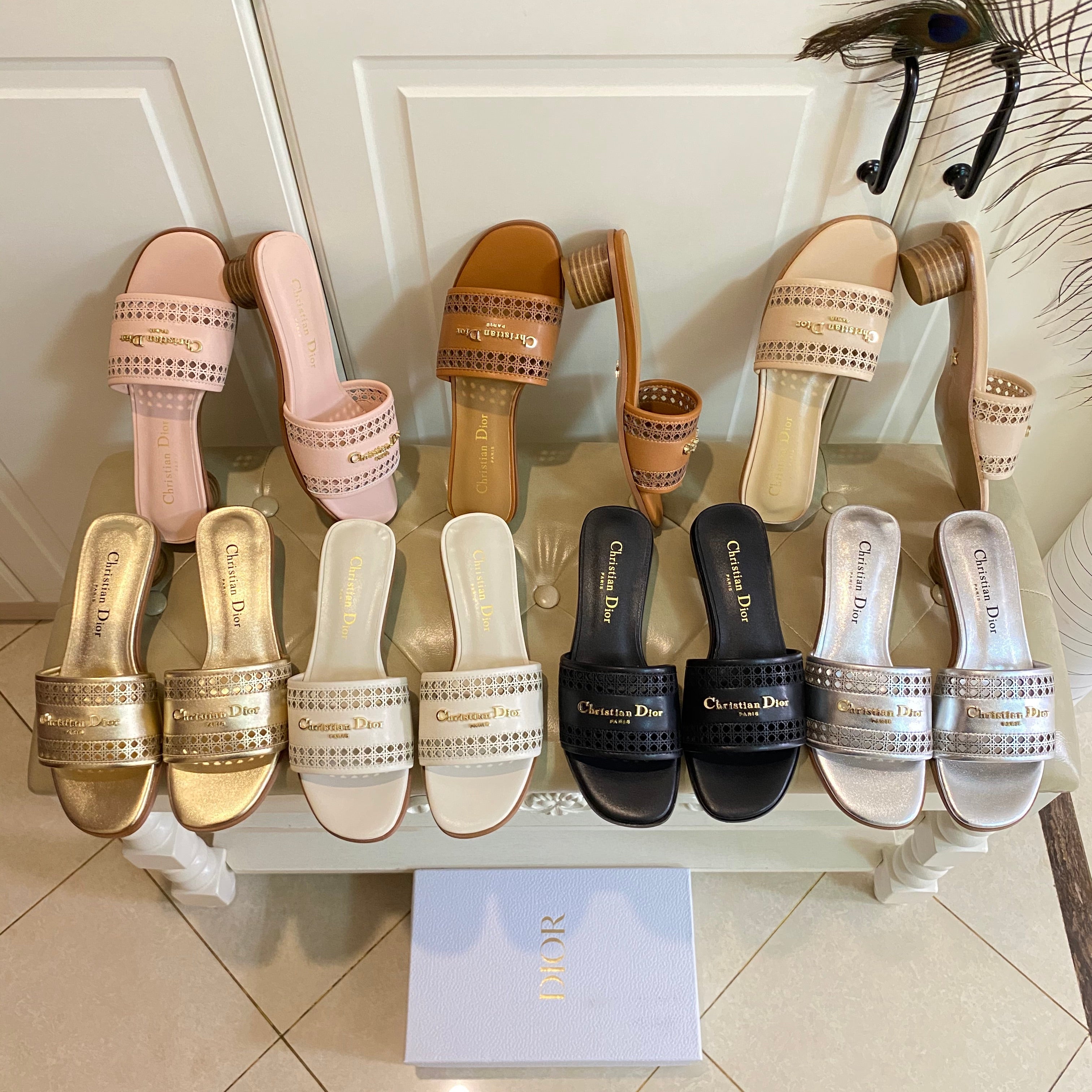 DIOR DWAY HEELED SLIDE IN BLACK CALFSKIN WITH GOLD LOGO