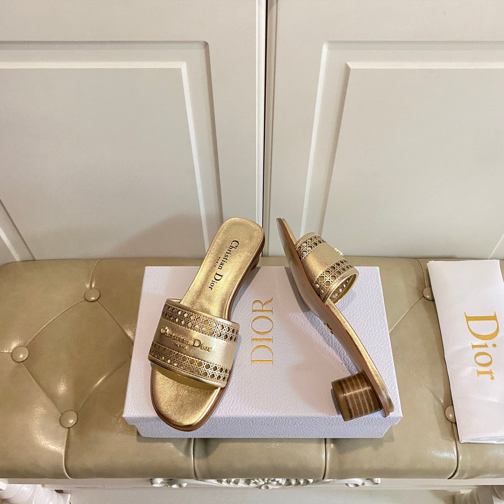 DIOR DWAY HEELED SLIDE IN GOLD CALFSKIN WITH GOLD LOGO