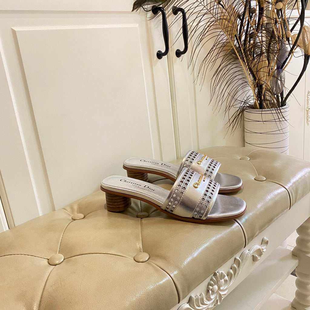DIOR DWAY HEELED SLIDE IN SILVER CALFSKIN WITH GOLD LOGO