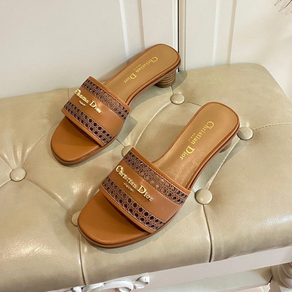 DIOR DWAY HEELED SLIDE IN BRONZE BROWN CALFSKIN WITH GOLD LOGO