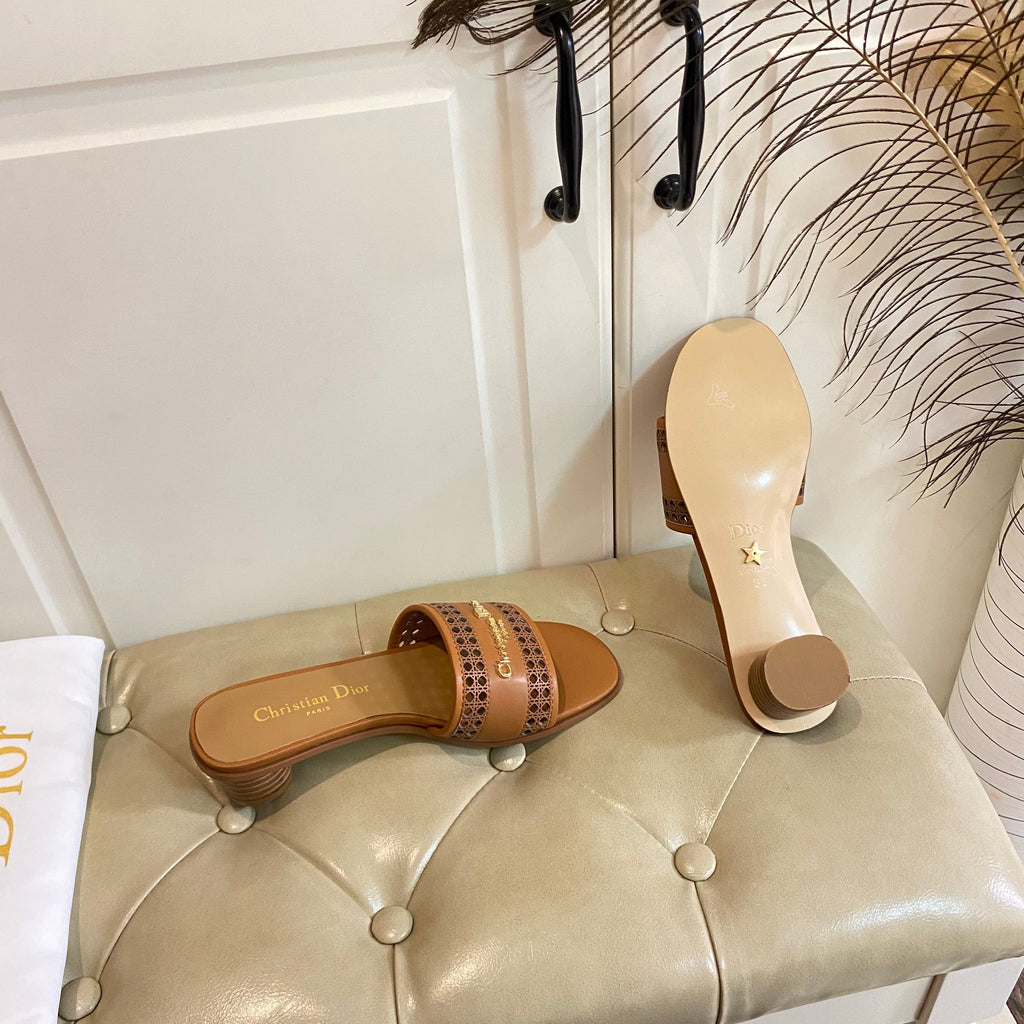 DIOR DWAY HEELED SLIDE IN BRONZE BROWN CALFSKIN WITH GOLD LOGO