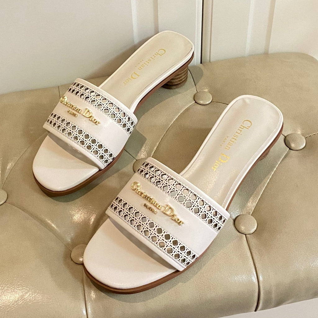 DIOR DWAY HEELED SLIDE IN WHITE CALFSKIN WITH GOLD LOGO