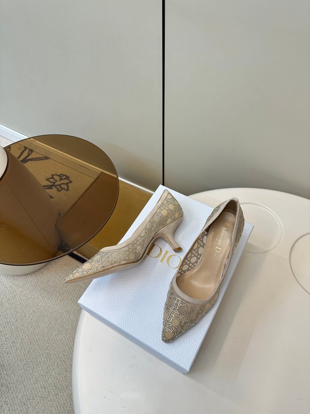 DIOR POINTED TOE HEELS 55MM IN NUDE MESH WITH RHINESTONES