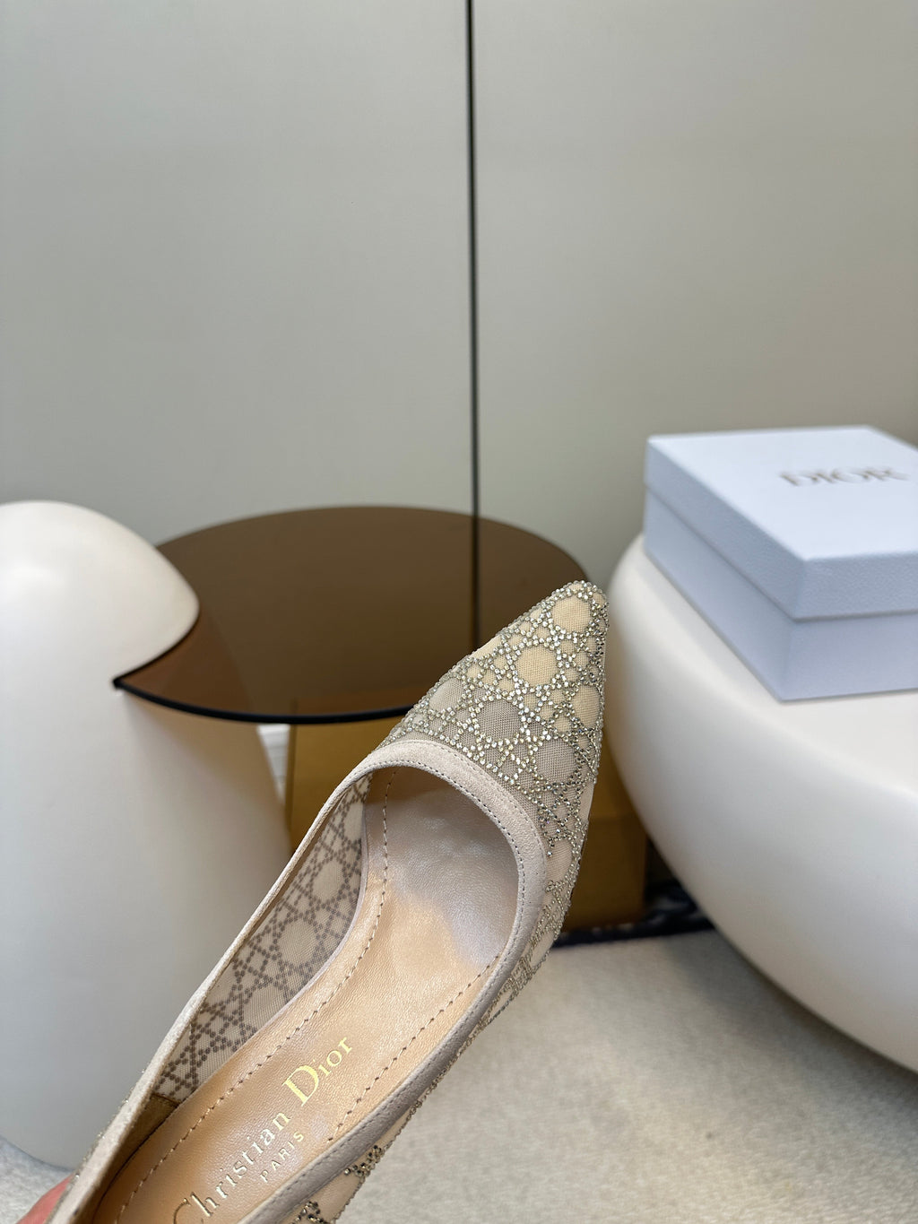 DIOR POINTED TOE HEELS 55MM IN NUDE MESH WITH RHINESTONES