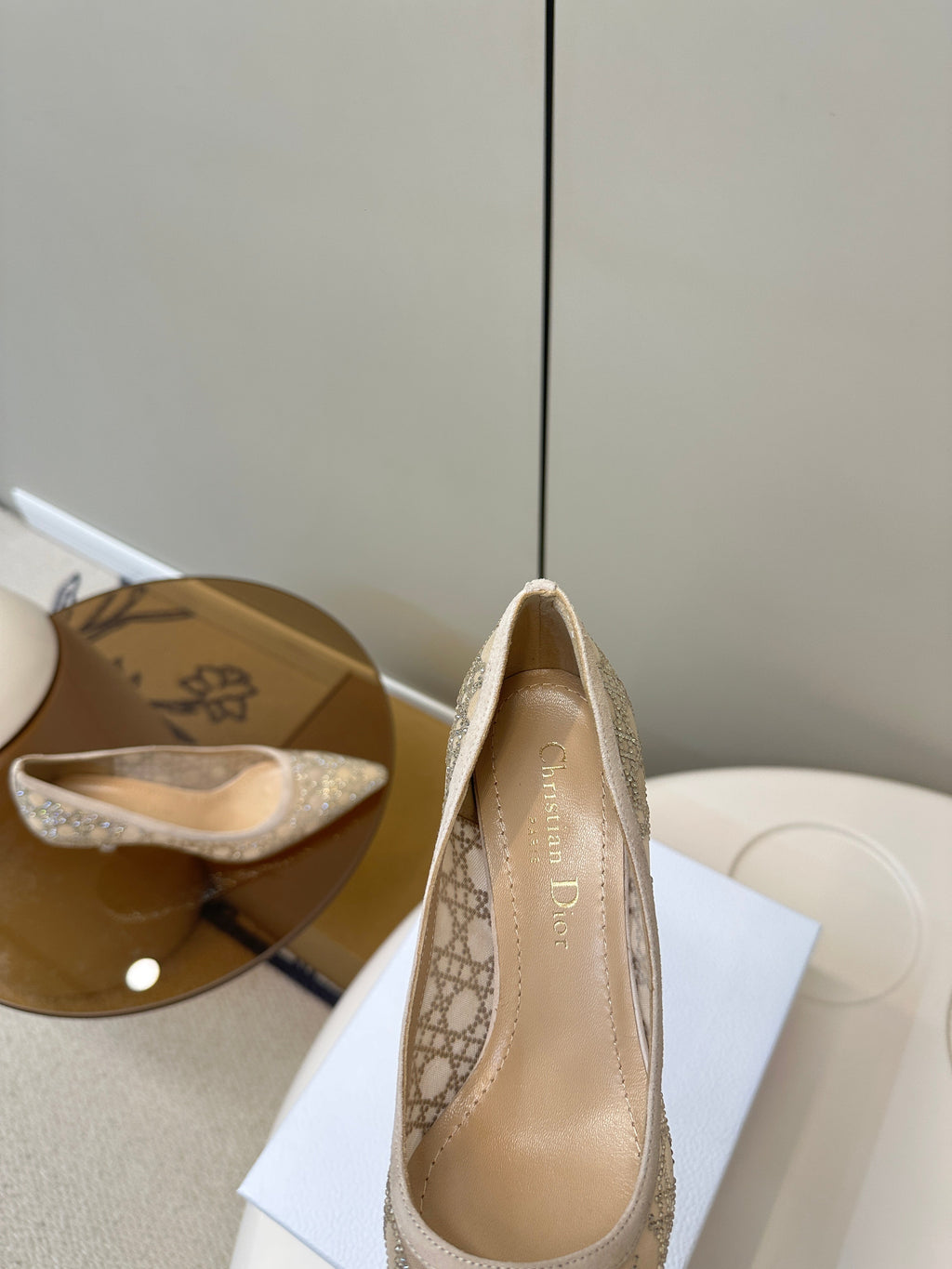 DIOR POINTED TOE HEELS 55MM IN NUDE MESH WITH RHINESTONES