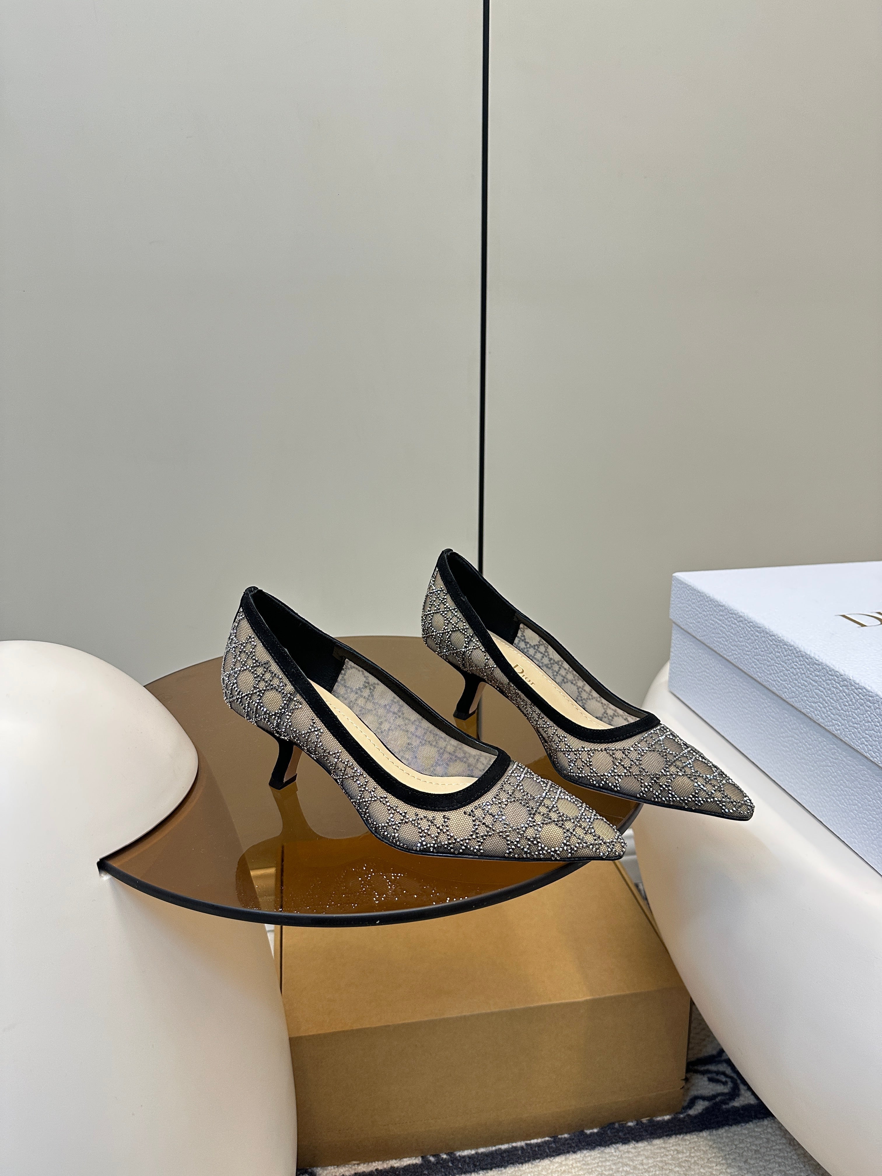DIOR POINTED TOE HEELS 55MM IN BLACK MESH WITH RHINESTONES