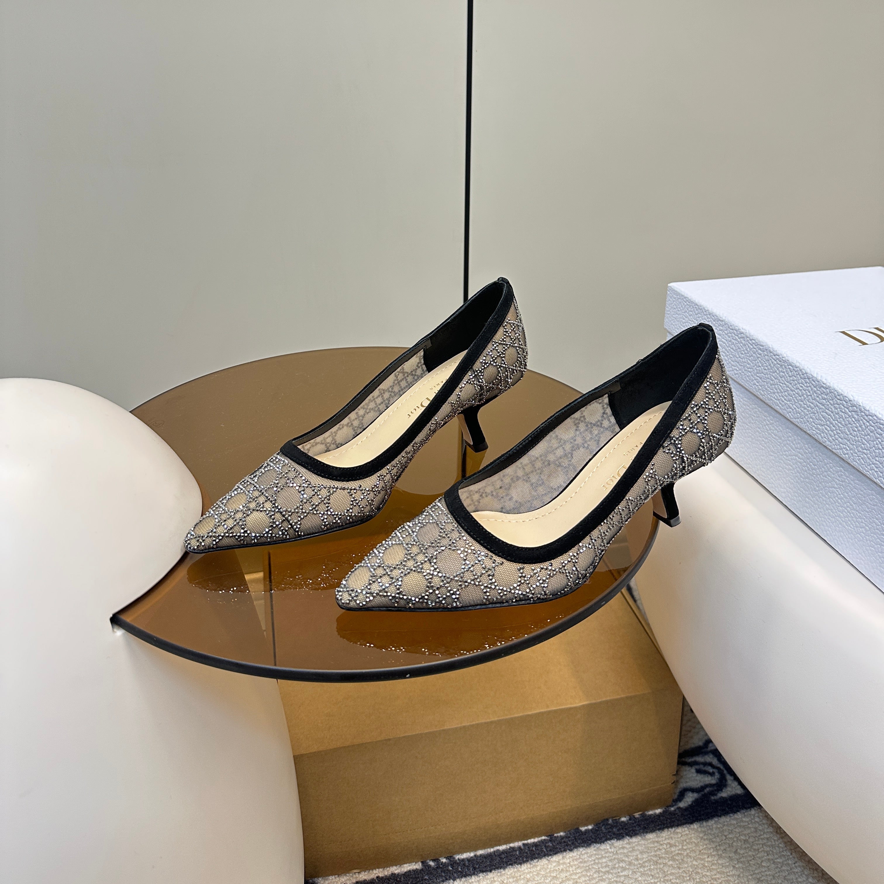 DIOR POINTED TOE HEELS 55MM IN BLACK MESH WITH RHINESTONES