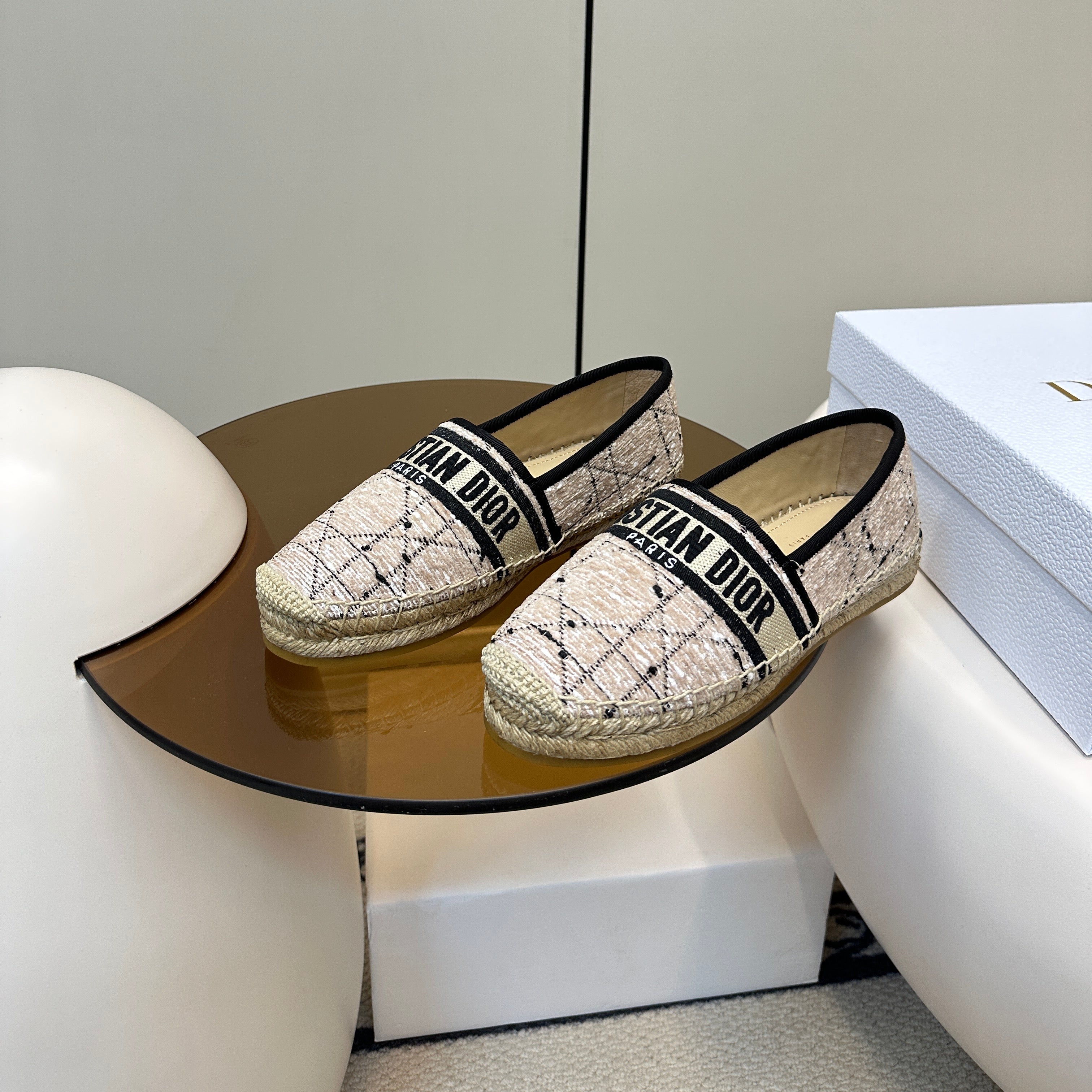 DIOR GRANVILLE ESPADRILLE TAN BEIGE OBLIQUE EMBROIDERED COTTON