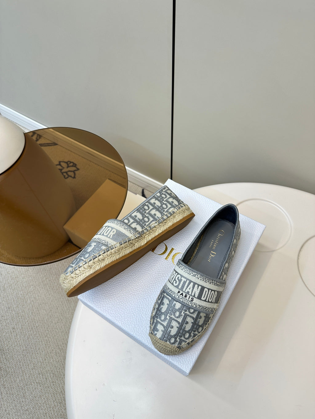 DIOR GRANVILLE ESPADRILLES FLAT 25S IN GRAY OBLIQUE EMBROIDERED COTTON