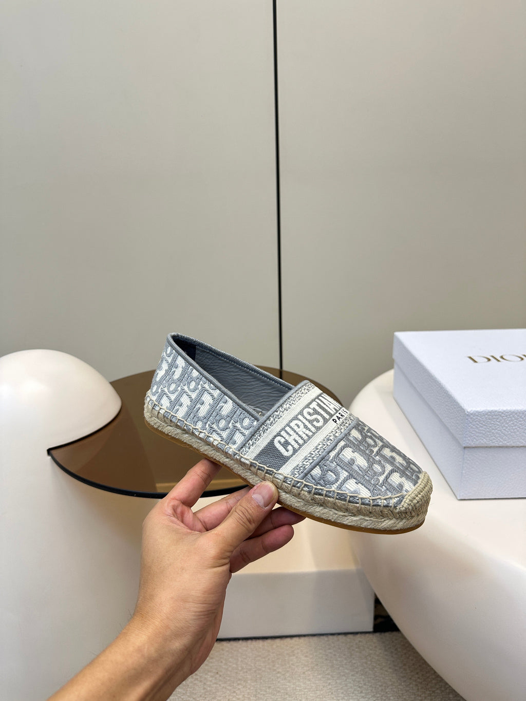 DIOR GRANVILLE ESPADRILLES FLAT 25S IN GRAY OBLIQUE EMBROIDERED COTTON