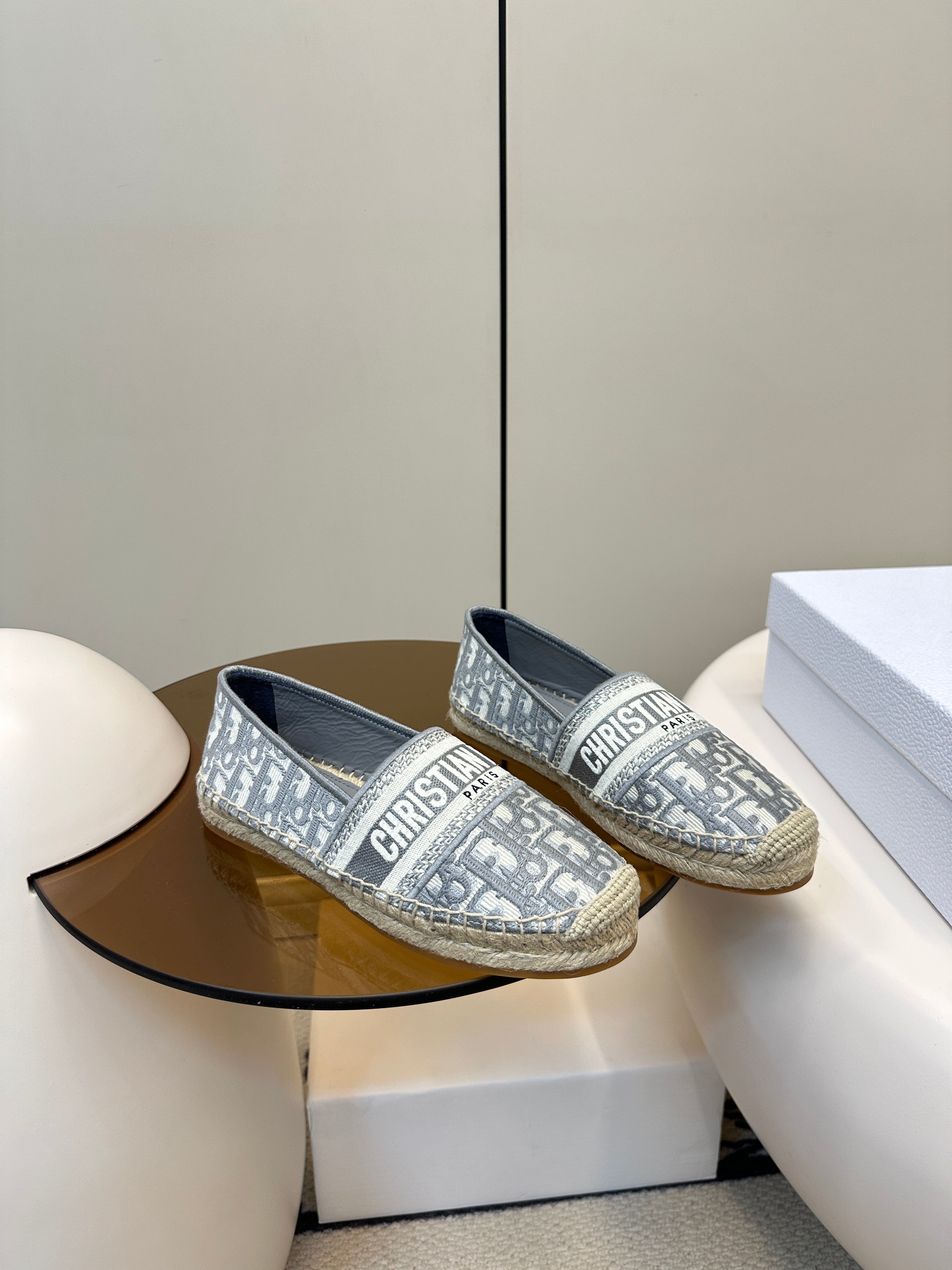 DIOR GRANVILLE ESPADRILLES FLAT 25S IN GRAY OBLIQUE EMBROIDERED COTTON