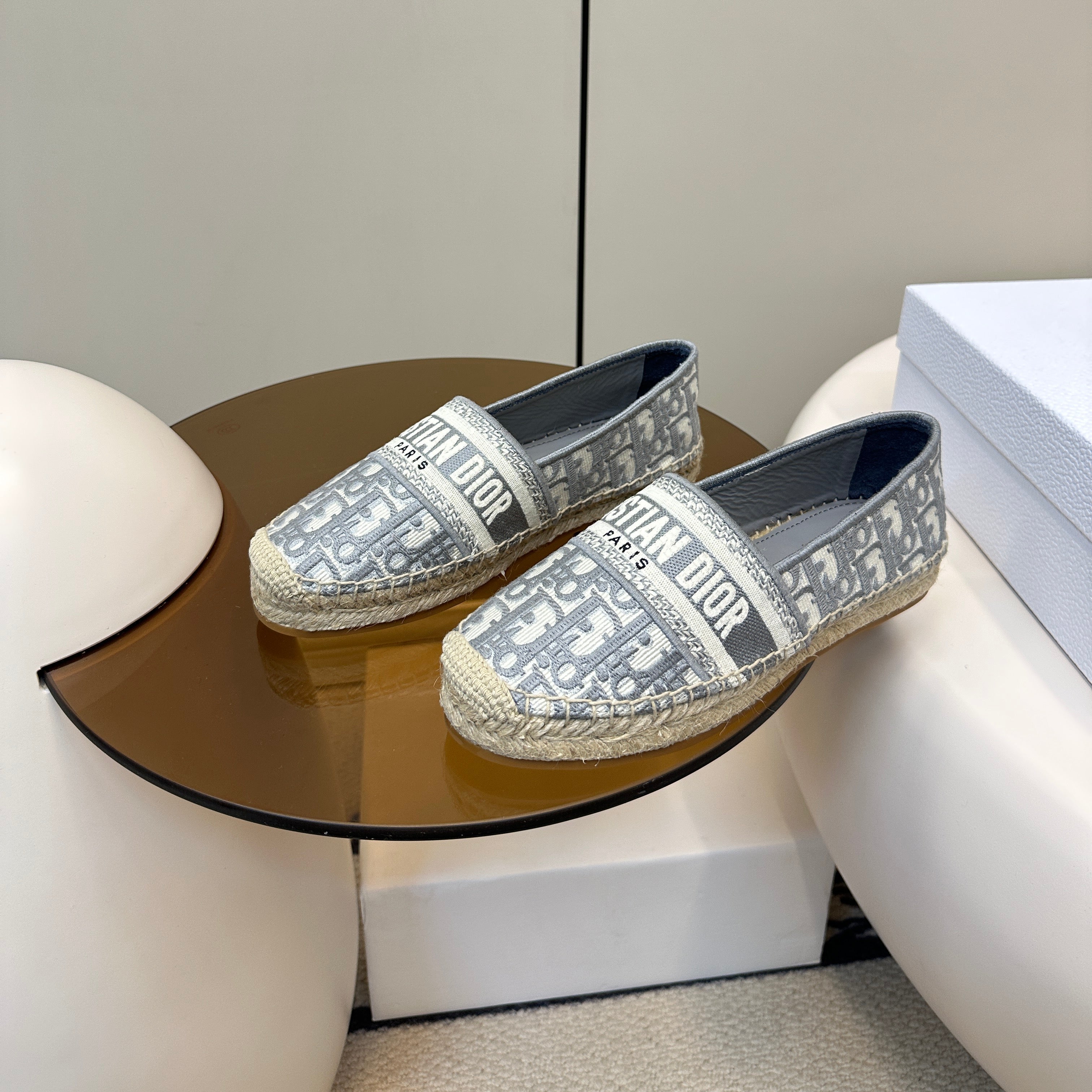 DIOR GRANVILLE ESPADRILLES FLAT 25S IN GRAY OBLIQUE EMBROIDERED COTTON