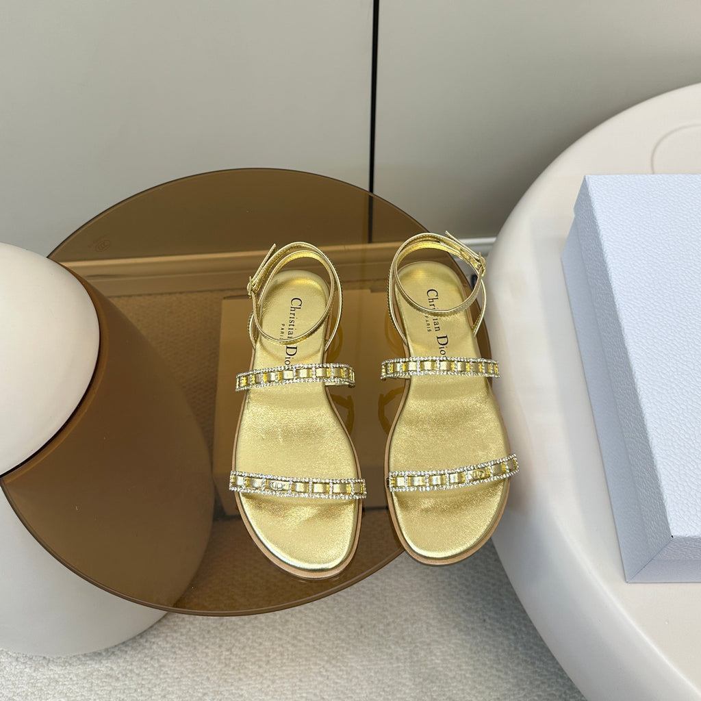 DIOR FLAT SANDALS 25S IN SHINY GOLD CALFSKIN RHINESTONES STRAP