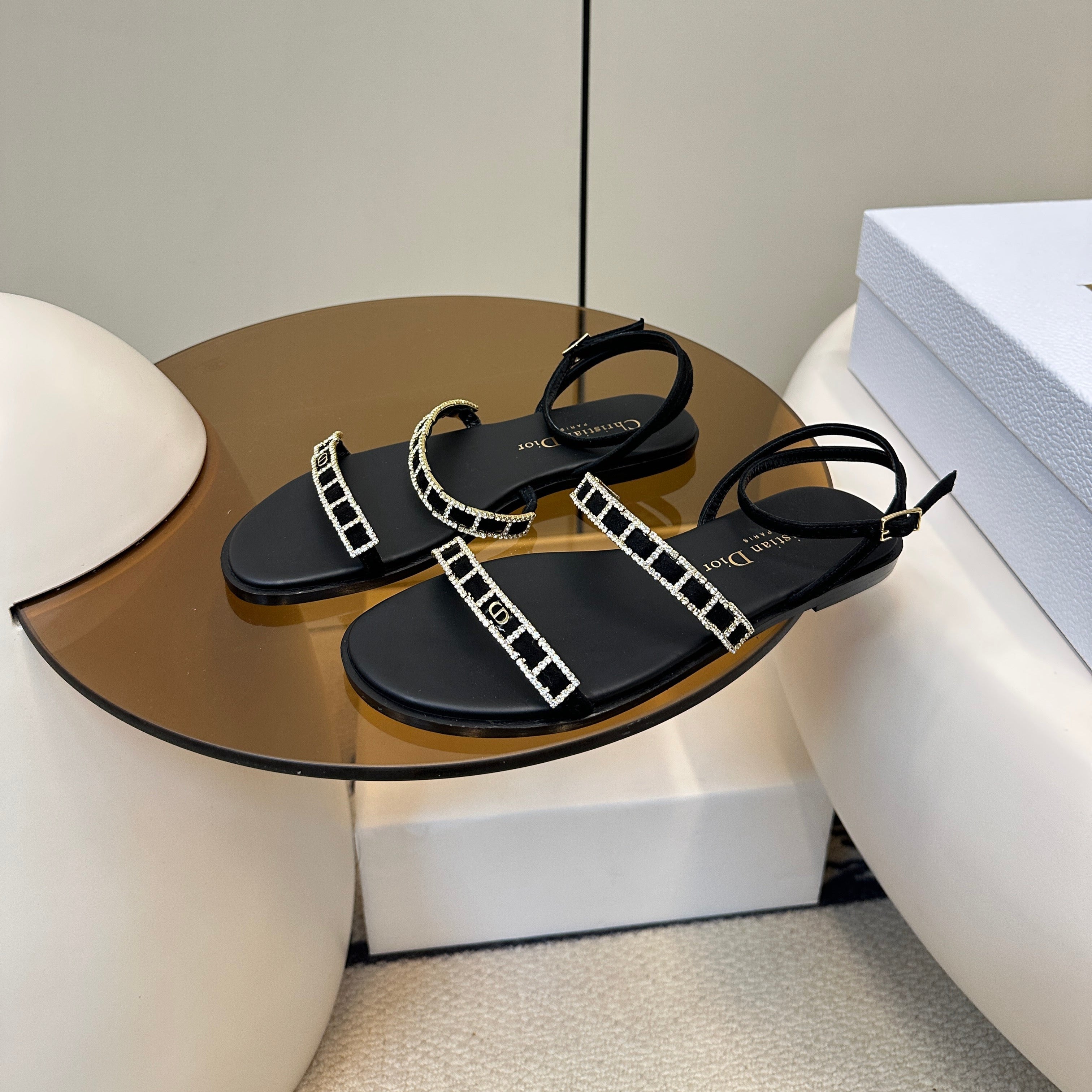 DIOR FLAT SANDALS 25S IN BLACK CALFSKIN RHINESTONES STRAP