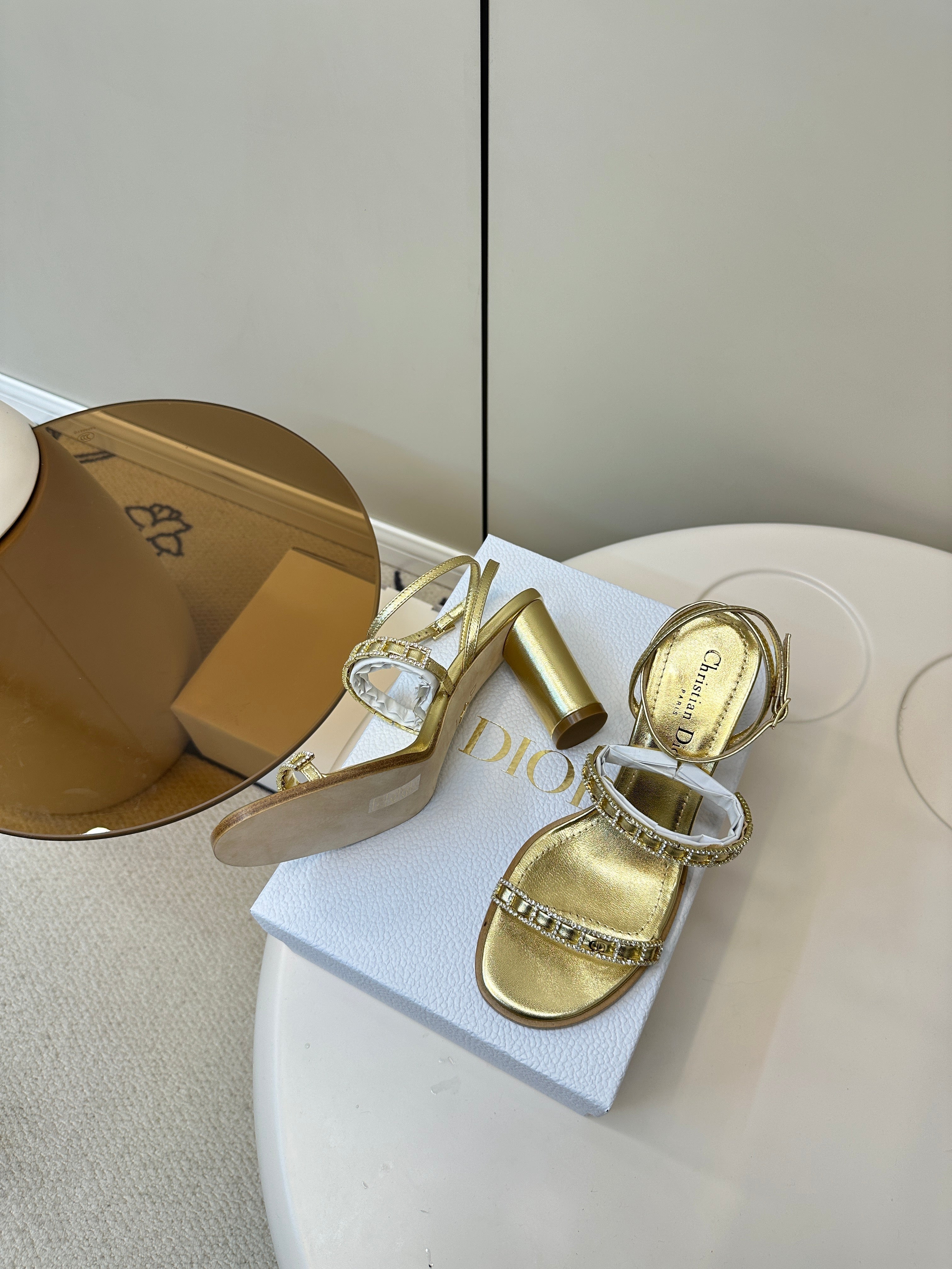 DIOR HIGH HEEL 25S SANDALS 85MM IN SHINY GOLD CALFSKIN RHINESTONES STRAP