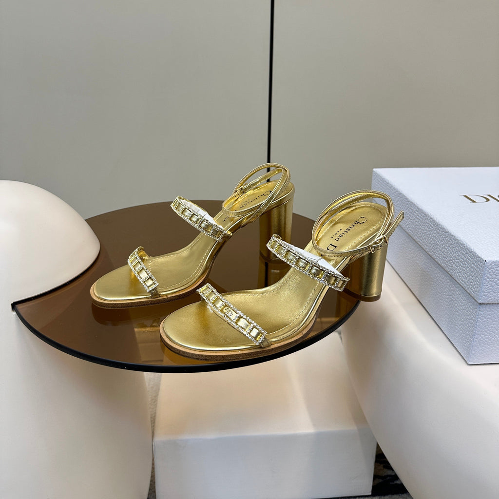 DIOR HIGH HEEL 25S SANDALS 85MM IN SHINY GOLD CALFSKIN RHINESTONES STRAP