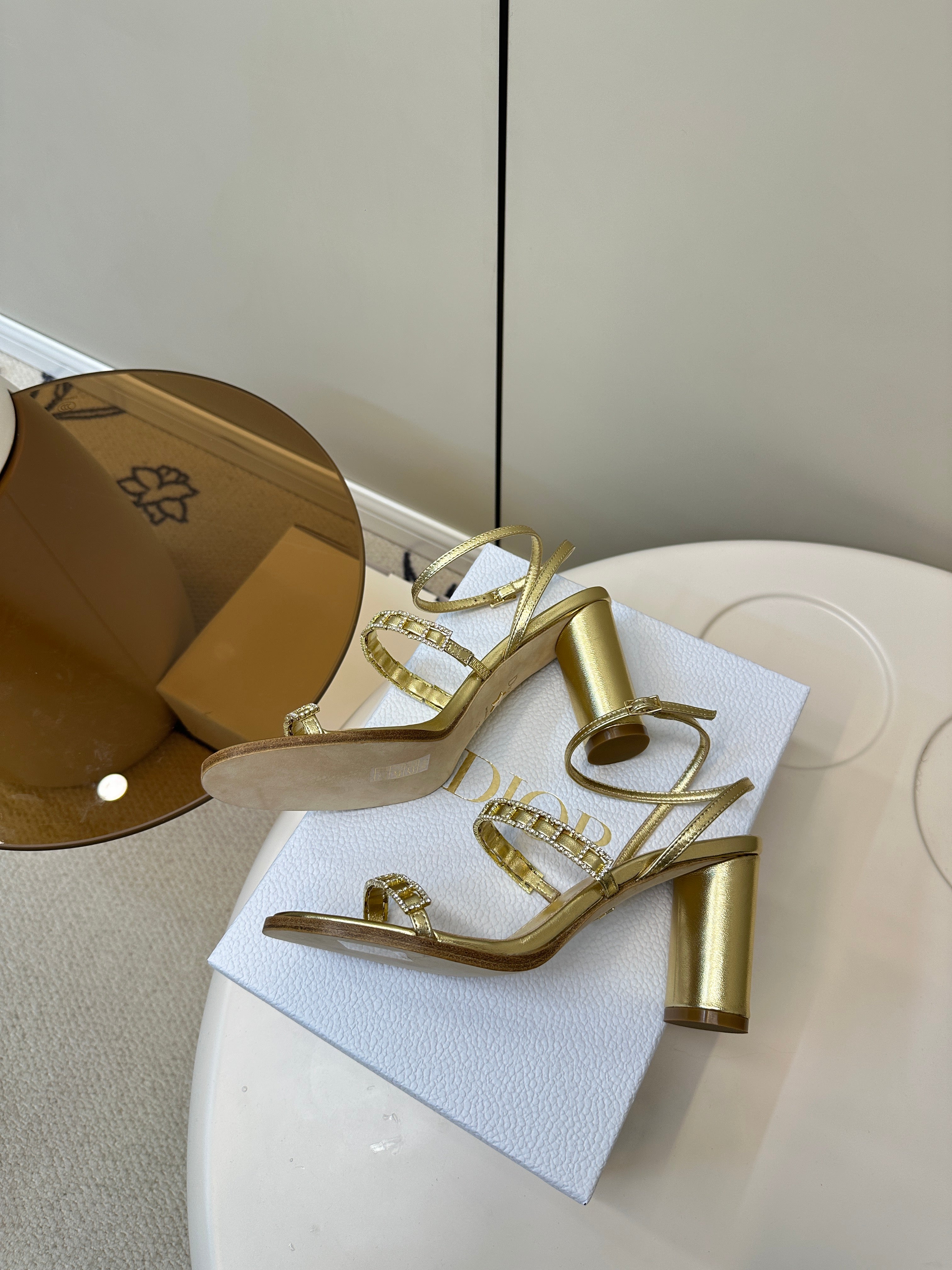 DIOR HIGH HEEL 25S SANDALS 85MM IN SHINY GOLD CALFSKIN RHINESTONES STRAP