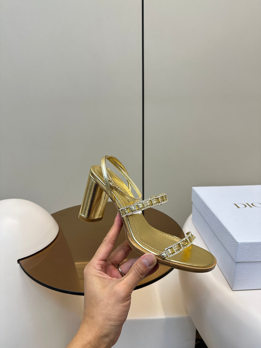 DIOR HIGH HEEL 25S SANDALS 85MM IN SHINY GOLD CALFSKIN RHINESTONES STRAP