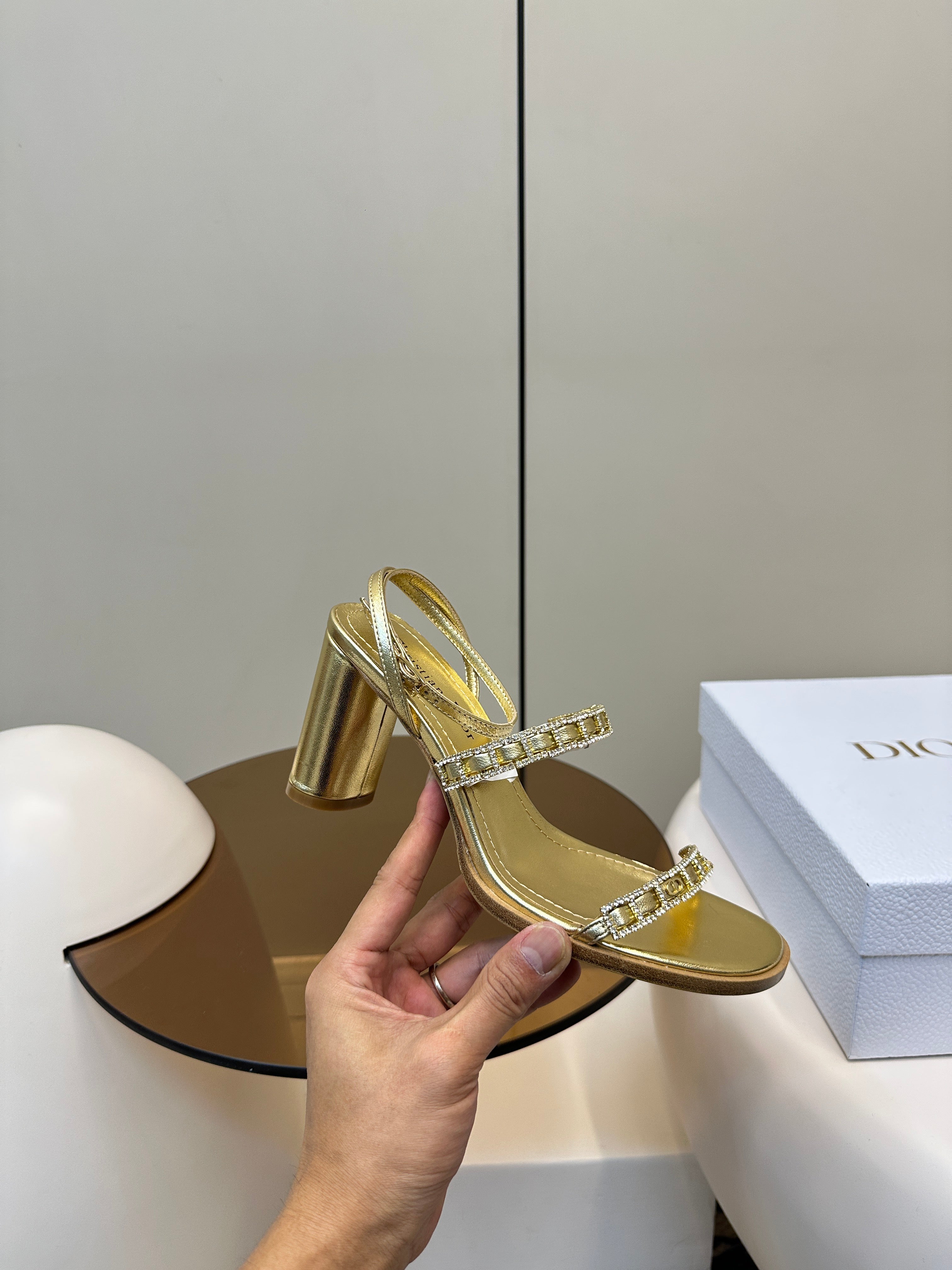DIOR HIGH HEEL 25S SANDALS 85MM IN SHINY GOLD CALFSKIN RHINESTONES STRAP
