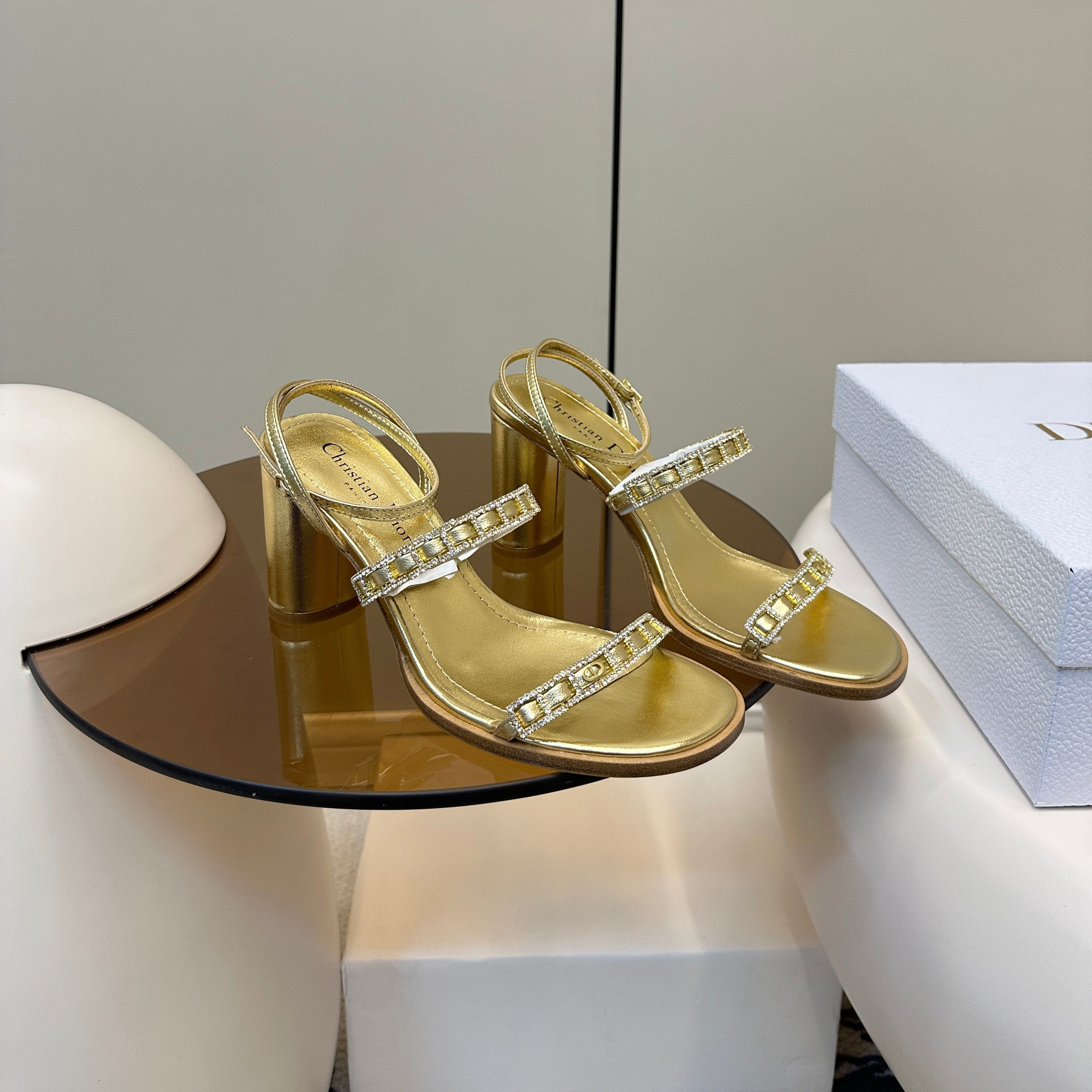 DIOR HIGH HEEL 25S SANDALS 85MM IN SHINY GOLD CALFSKIN RHINESTONES STRAP
