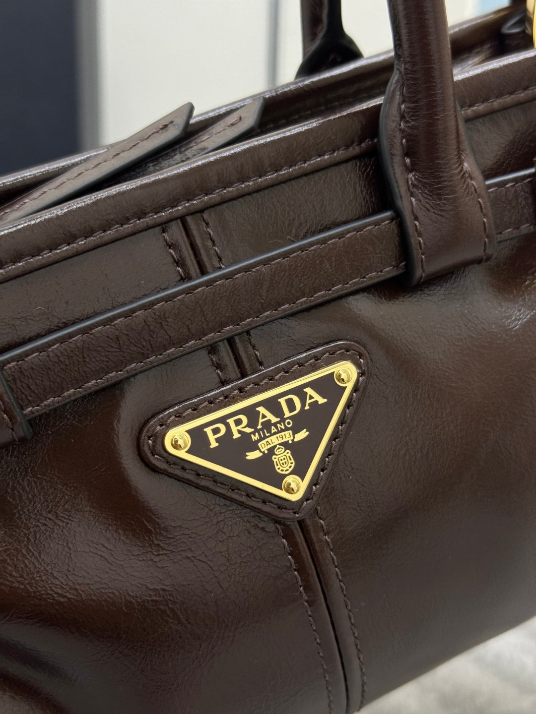 PRADA 25S BONNIE MINI HANDBAG 23 IN RK BROWN CALFSKIN GOLD HARDWARE