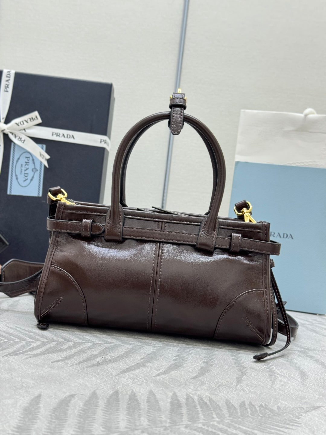 PRADA 25S BONNIE MINI HANDBAG 23 IN RK BROWN CALFSKIN GOLD HARDWARE