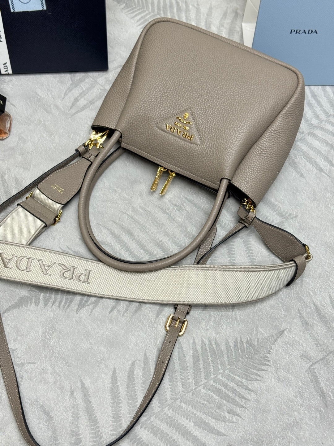 PRADA 25S SMALL BAG 23 IN TAUPE CALFSKIN GOLD HARDWARE