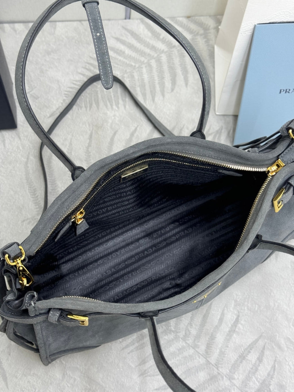 PRADA 25S BONNIE LARGE HANDBAG 38 IN RK GRAY SUEDE GOLD HARDWRE
