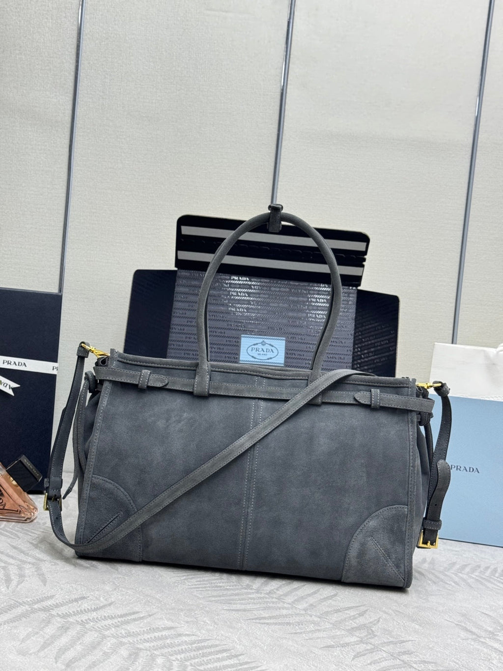 PRADA 25S BONNIE LARGE HANDBAG 38 IN RK GRAY SUEDE GOLD HARDWARE