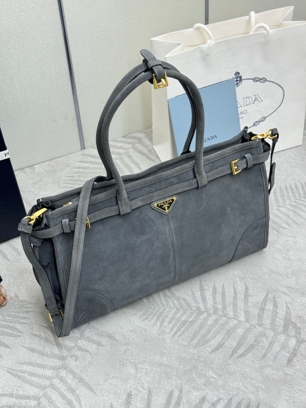 PRADA 25S BONNIE LARGE HANDBAG 38 IN RK GRAY SUEDE GOLD HARDWRE
