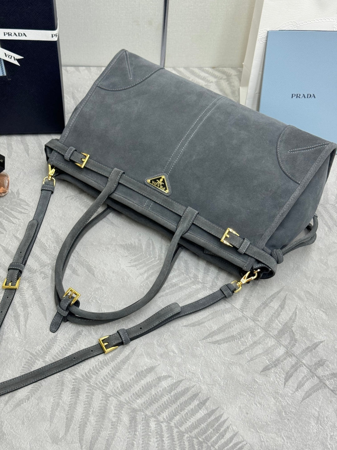 PRADA 25S BONNIE LARGE HANDBAG 38 IN RK GRAY SUEDE GOLD HARDWRE