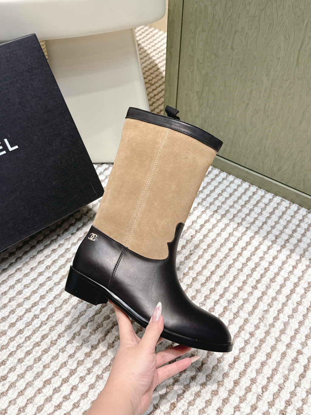 CHANEL 25S MID-CALF BOOTS IN TAN BROWN SUEDE MIX BLACK CALFSKIN