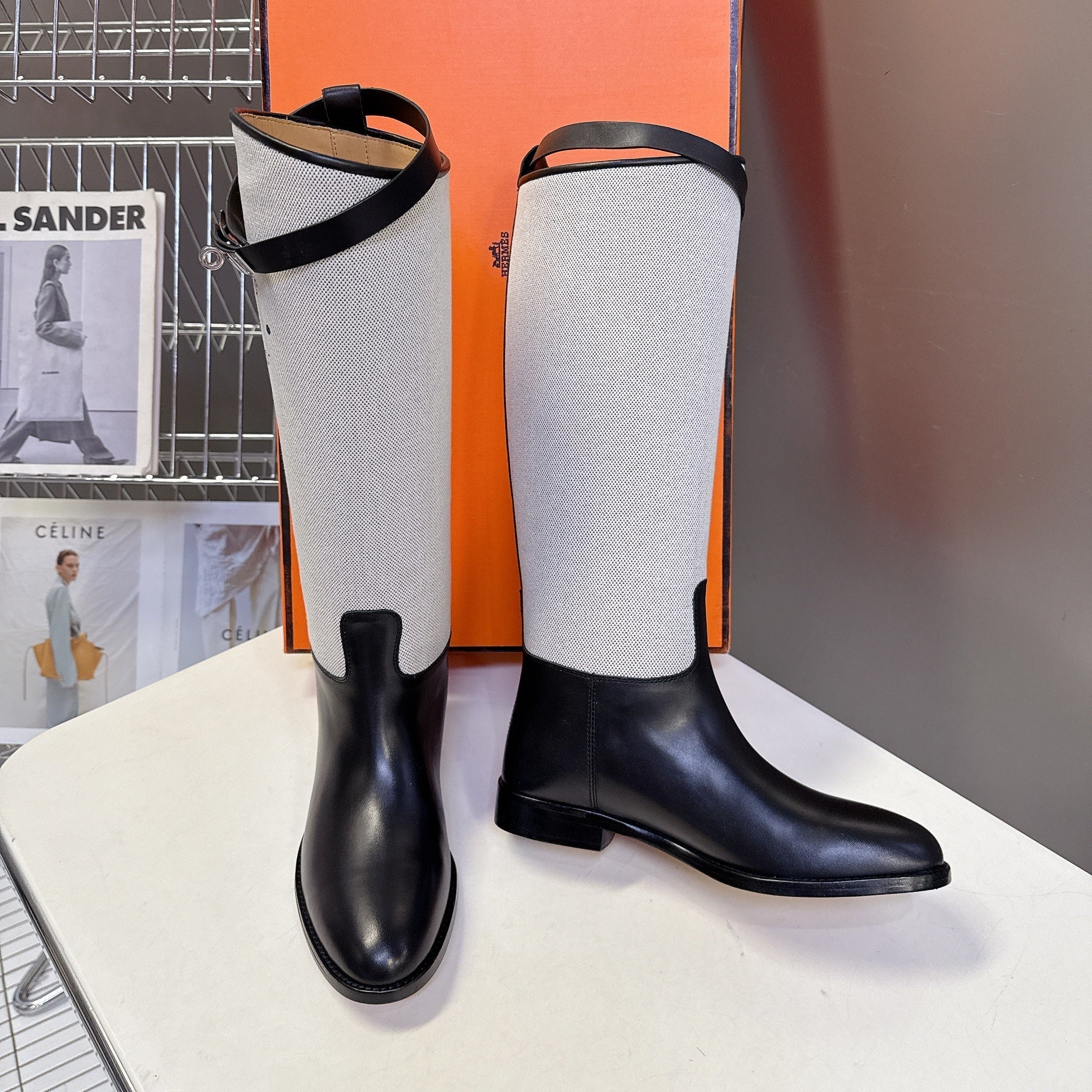 HERMES 25S JUMPING BOOT IN BLACK LAMBSKIN AND GREY CANVAS WITH SILVER HARDWARE