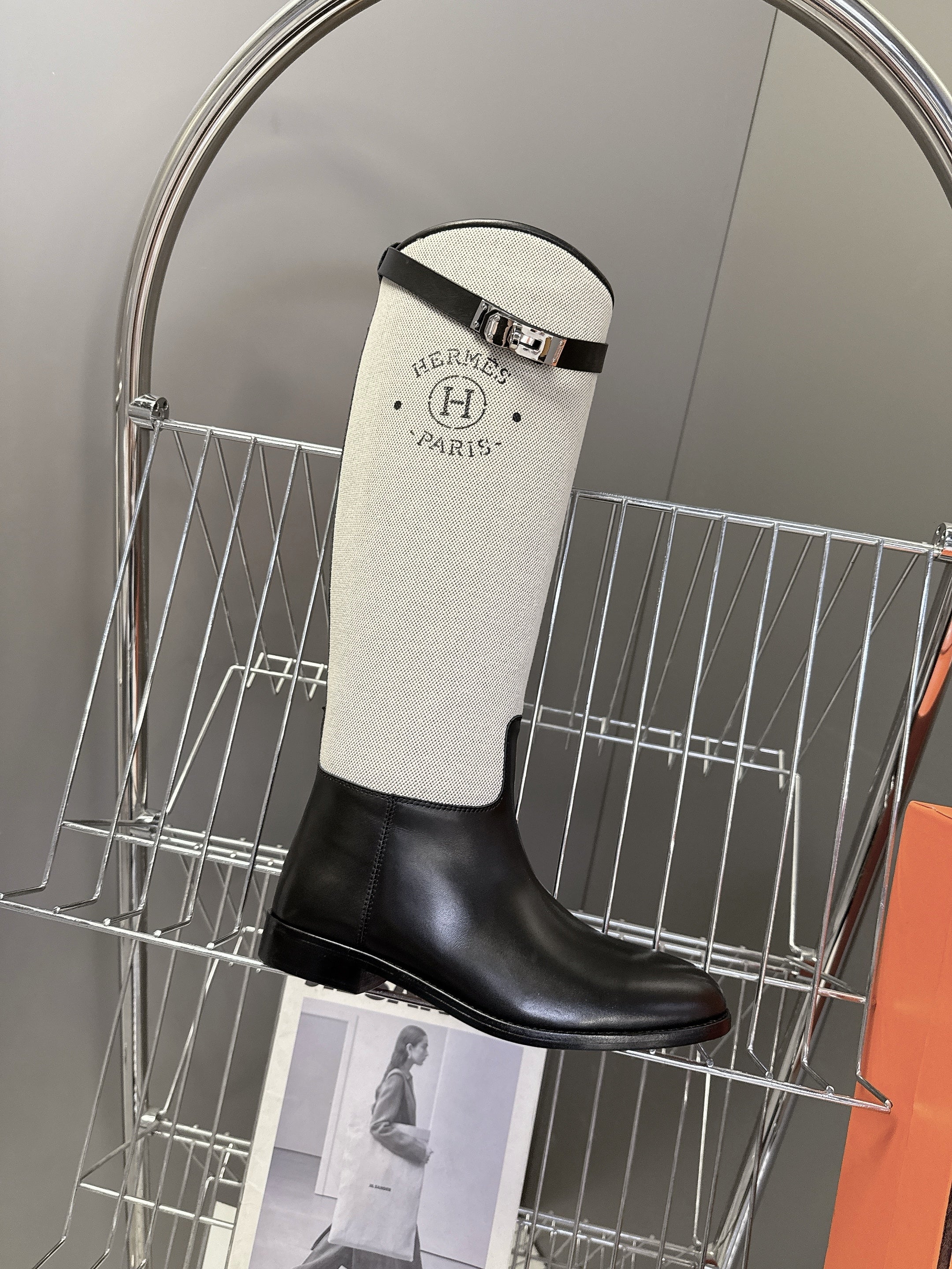 HERMES 25S JUMPING BOOT IN BLACK LAMBSKIN AND GREY CANVAS WITH SILVER HARDWARE