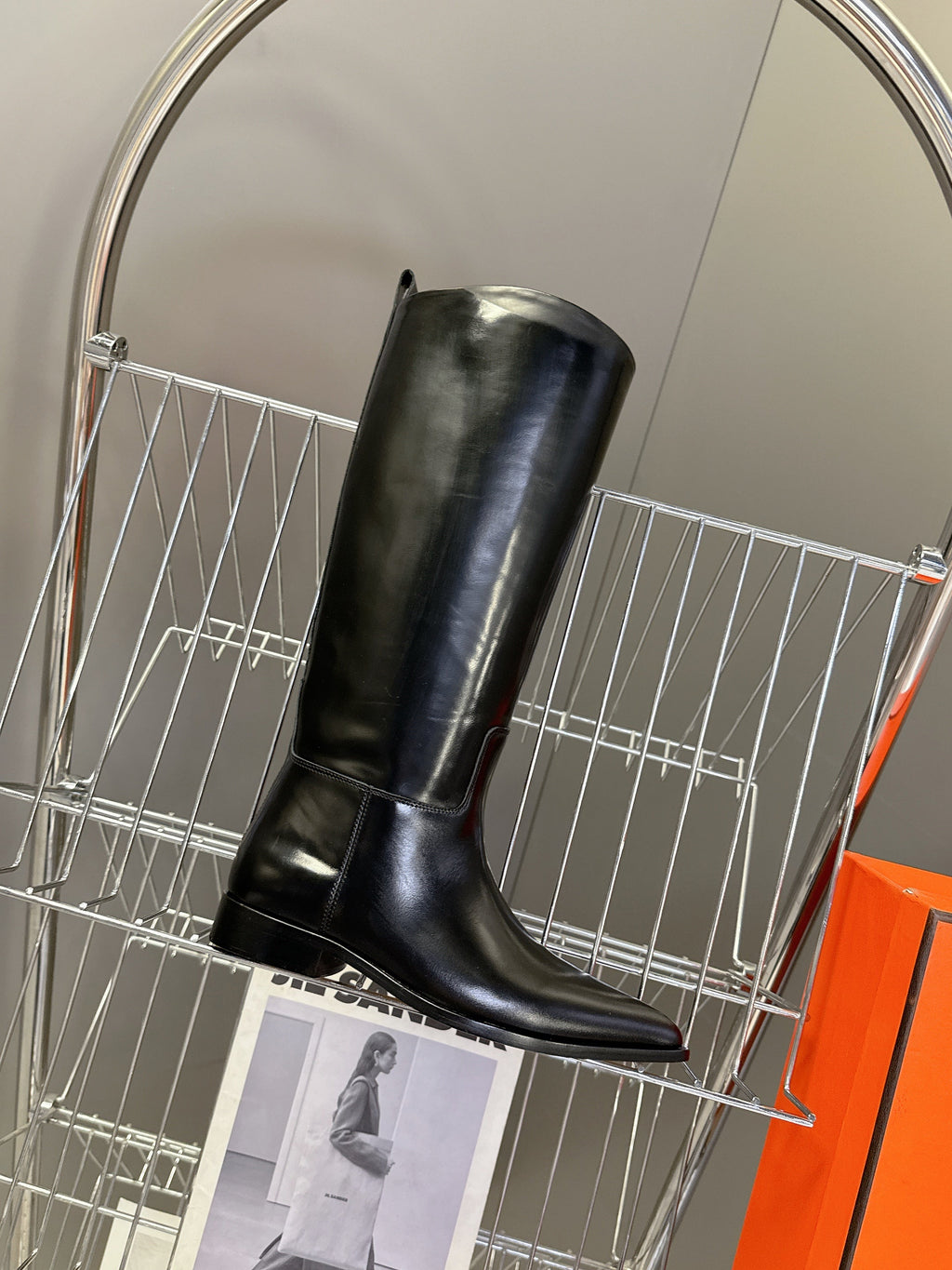 HERMES 25S POINTED-TOE KNEE-HIGH BOOTS IN BLACK GLOSSY LAMBSKIN